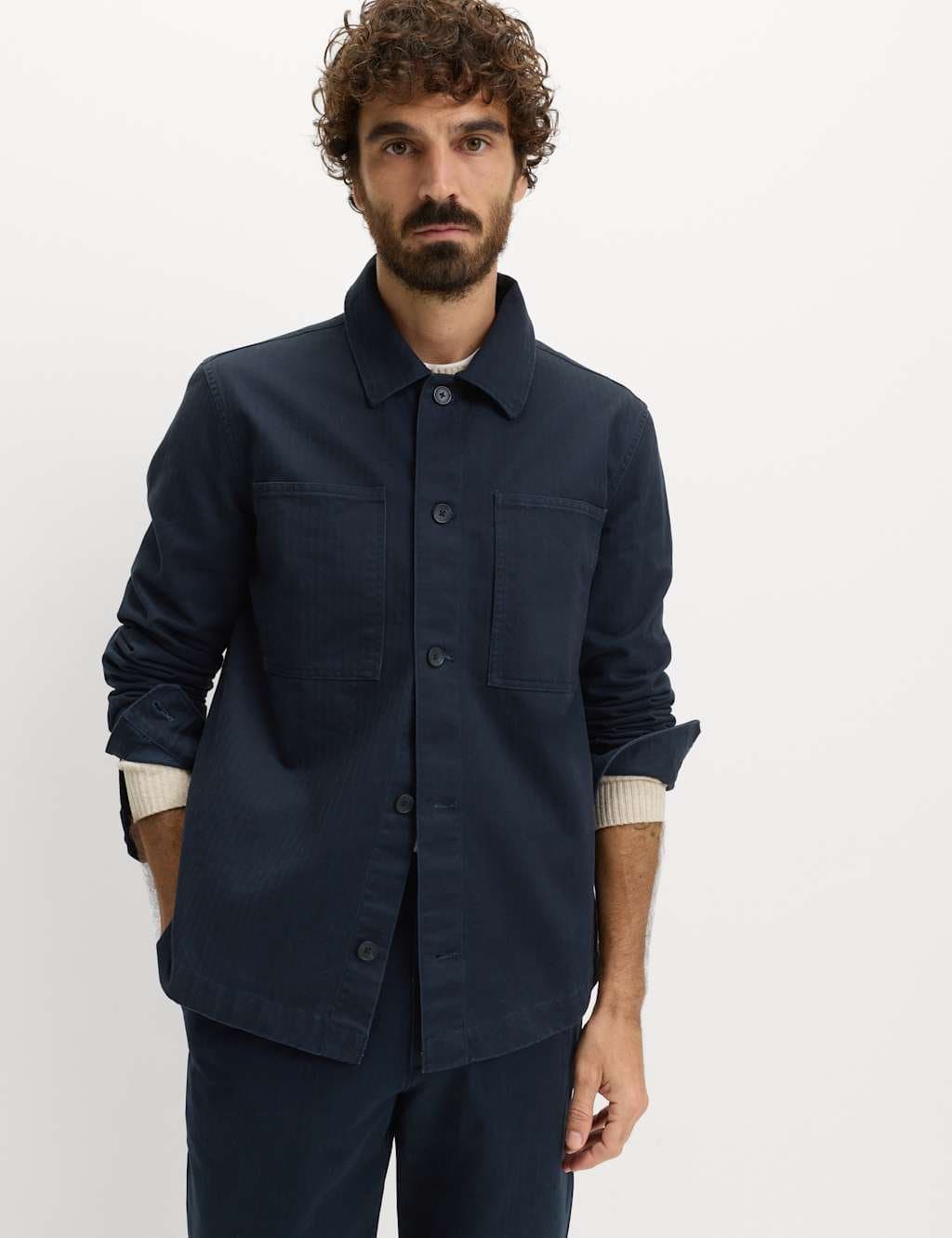 Marks & Spencer M&S Pure Cotton Herringbone Overshirt​ Dark Navy - 5