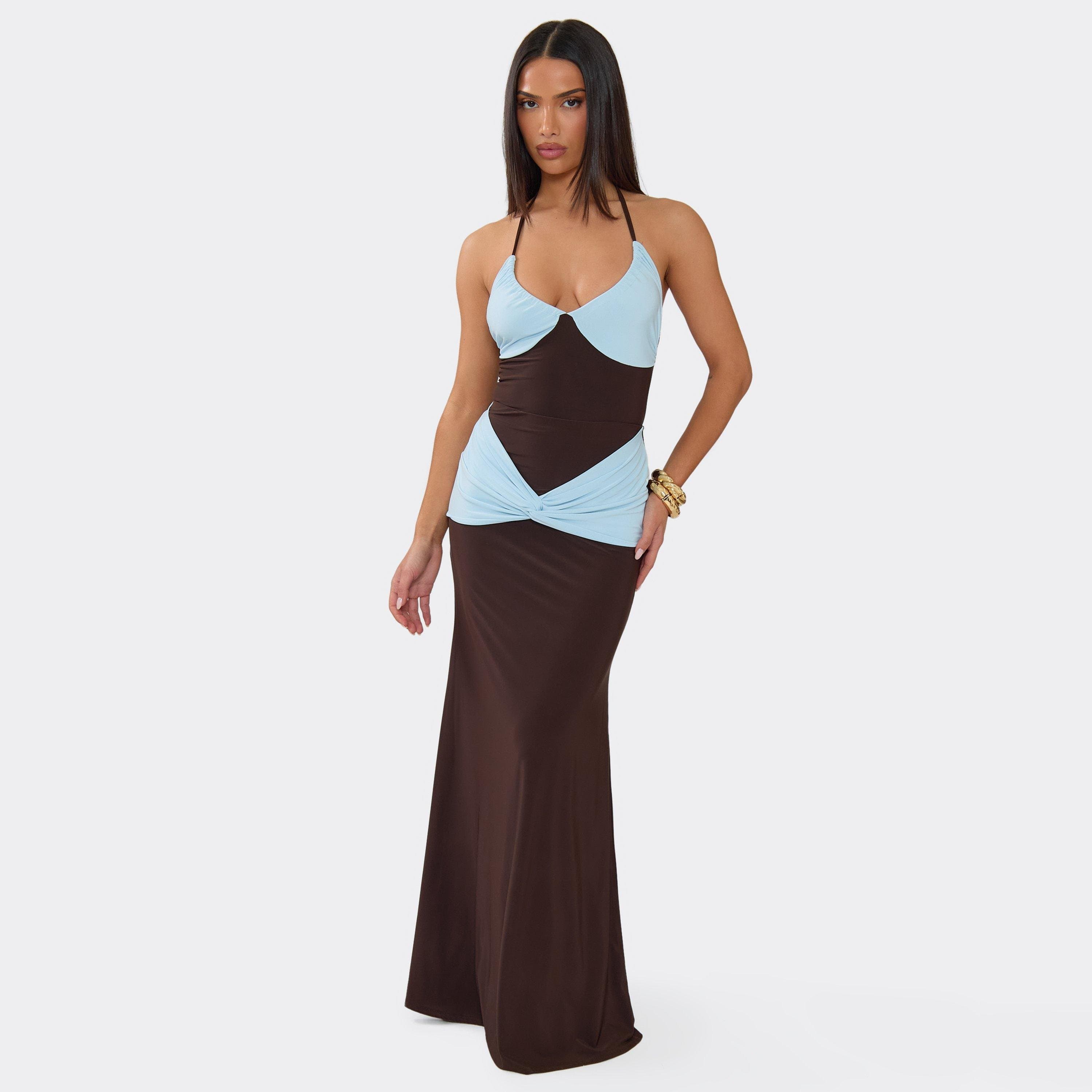 EGO Contrast Knot Panel Detail Maxi Skirt In Brown, Women's Size UK 6