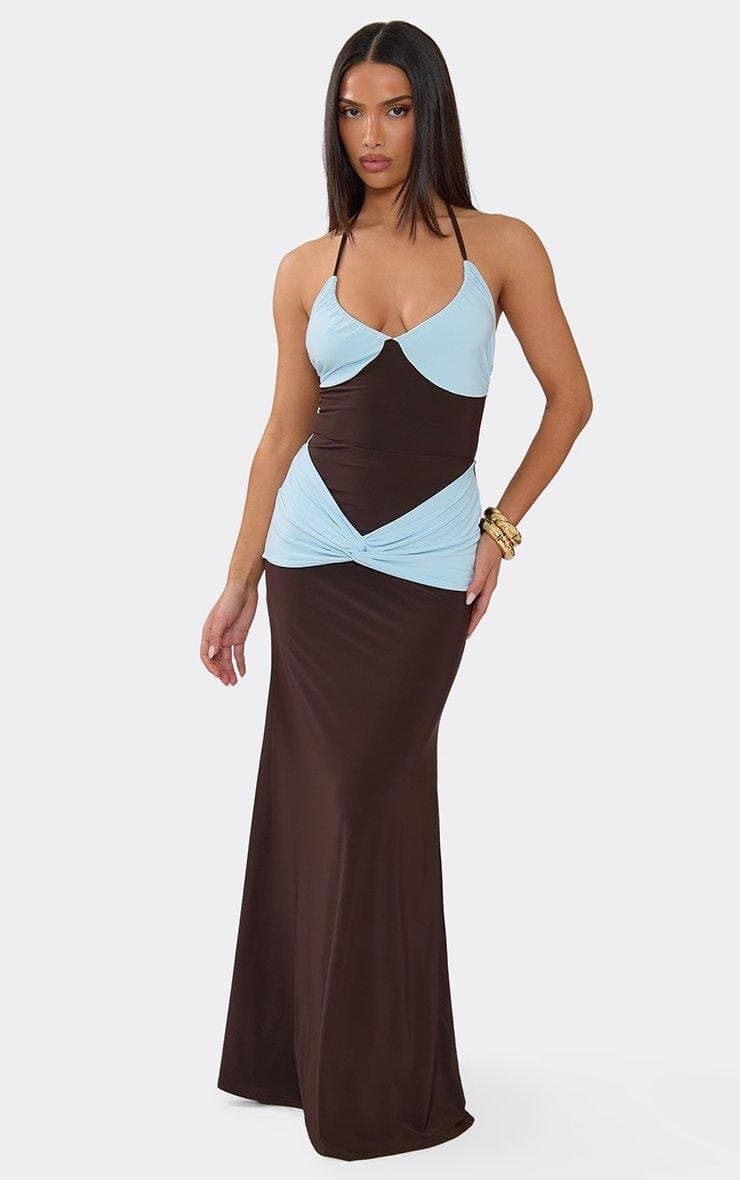 EGO Contrast Knot Panel Detail Maxi Skirt In Brown, Women's Size UK 6 - 2