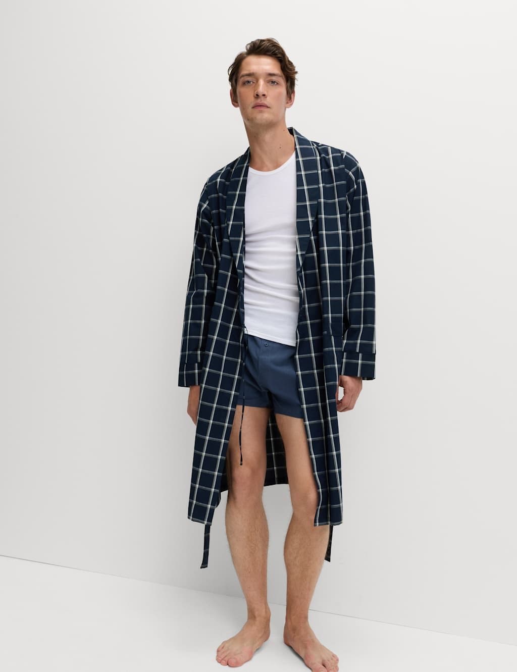 Marks & Spencer M&S Pure Cotton Checked Dressing Gown Navy Mix