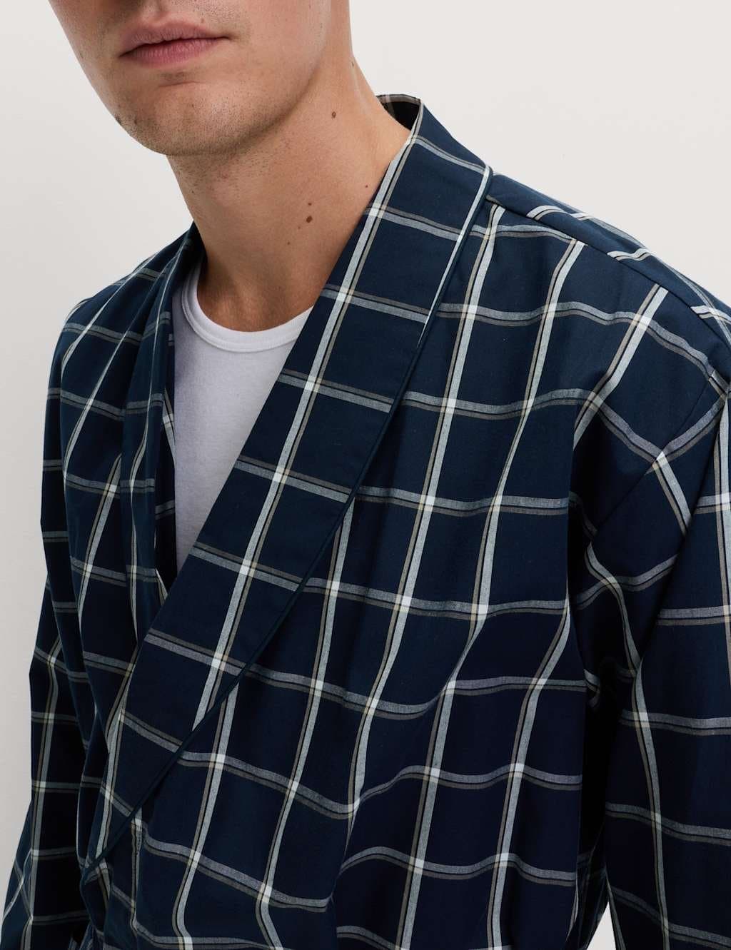 Marks & Spencer M&S Pure Cotton Checked Dressing Gown Navy Mix - 2
