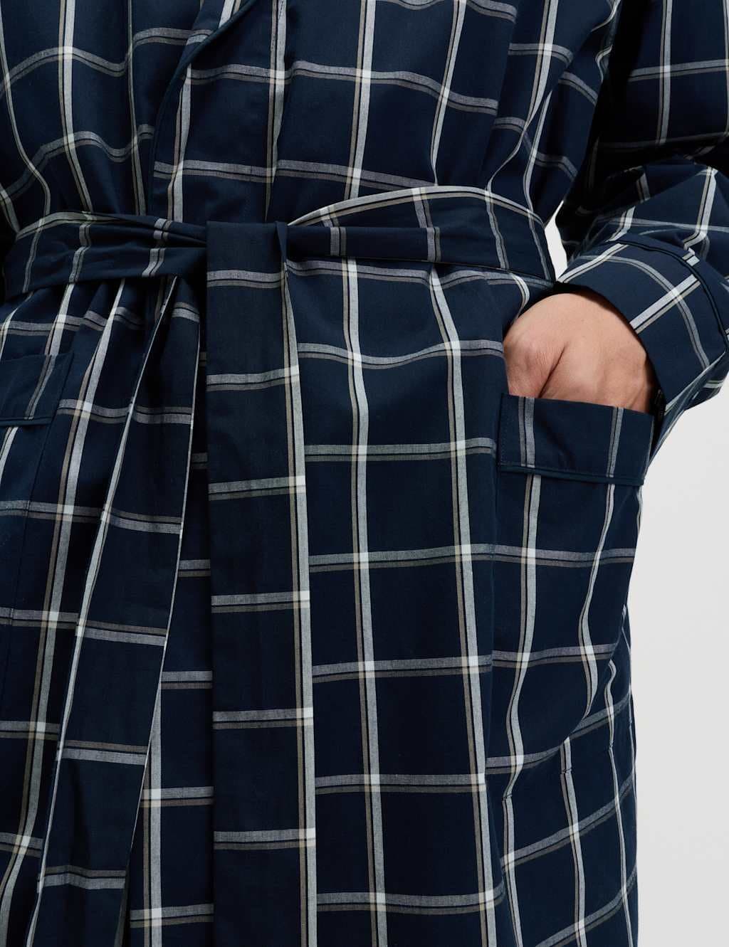 Marks & Spencer M&S Pure Cotton Checked Dressing Gown Navy Mix - 4