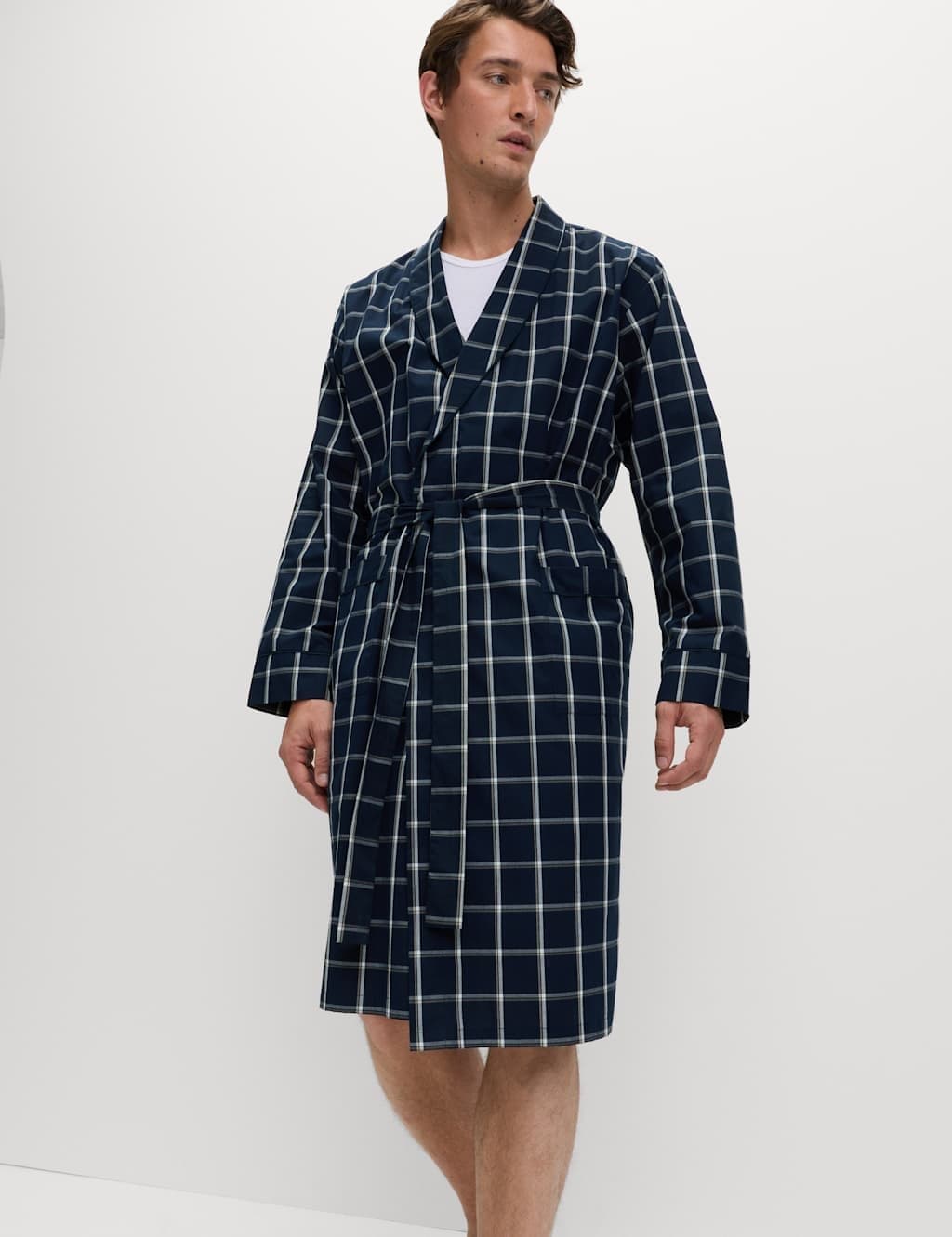 Marks & Spencer M&S Pure Cotton Checked Dressing Gown Navy Mix - 5