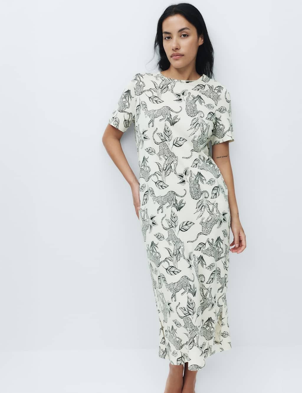 Marks & Spencer M&S Cotton Modal Printed Long Nightdress Ivory Mix