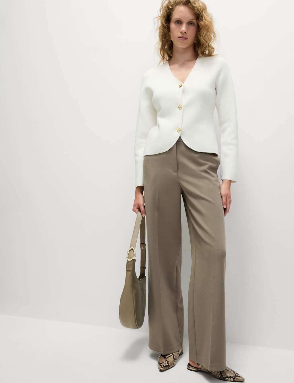 Marks & Spencer M&S Crepe Tab Detail Wide Leg Trousers Neutral - 2