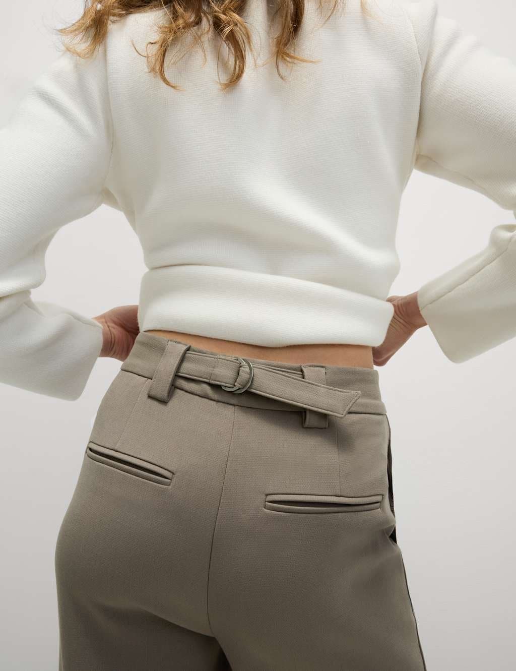 Marks & Spencer M&S Crepe Tab Detail Wide Leg Trousers Neutral - 3