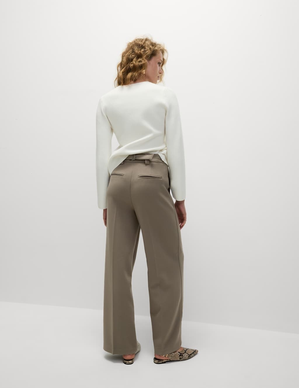 Marks & Spencer M&S Crepe Tab Detail Wide Leg Trousers Neutral - 4