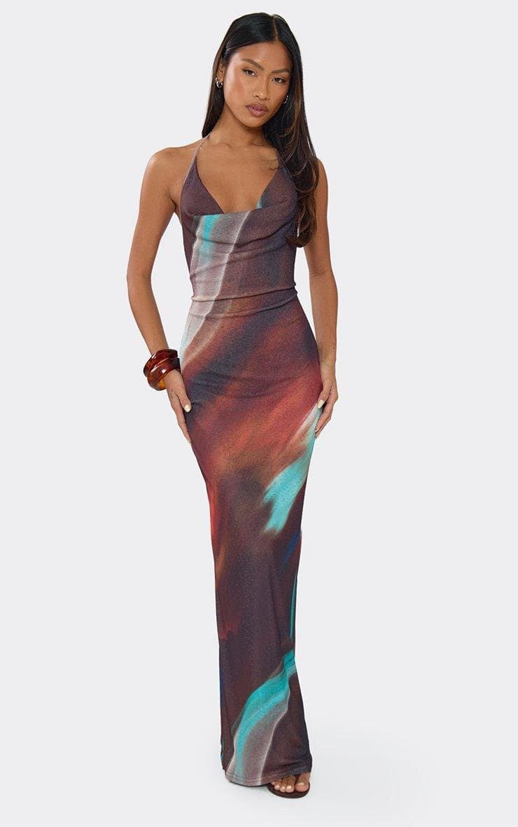 EGO Cowl Front Halterneck Maxi Dress In Brown Ombre Print, Women's Size UK 6 - 2