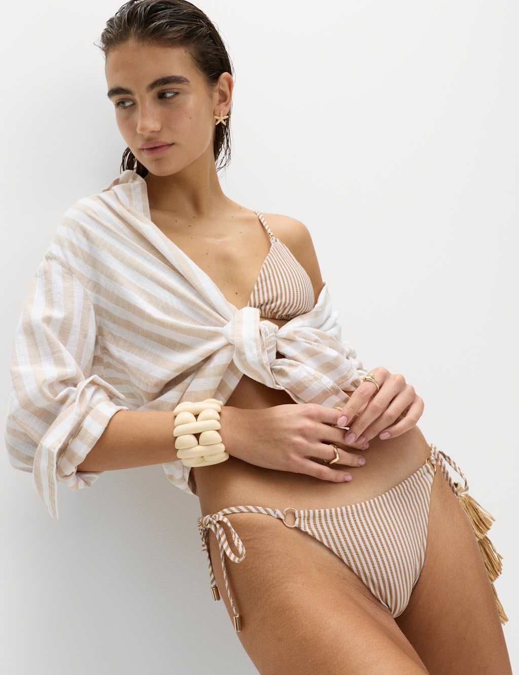 Marks & Spencer M&S Textured Tie Side Bikini Bottoms White Mix