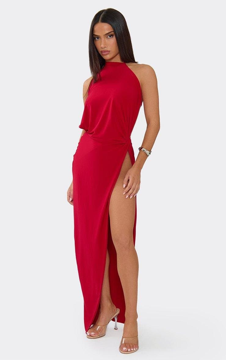 EGO High Neck Open Back Knot Detail Side Split Maxi Dress In Red, Women's Size UK 6 - 2
