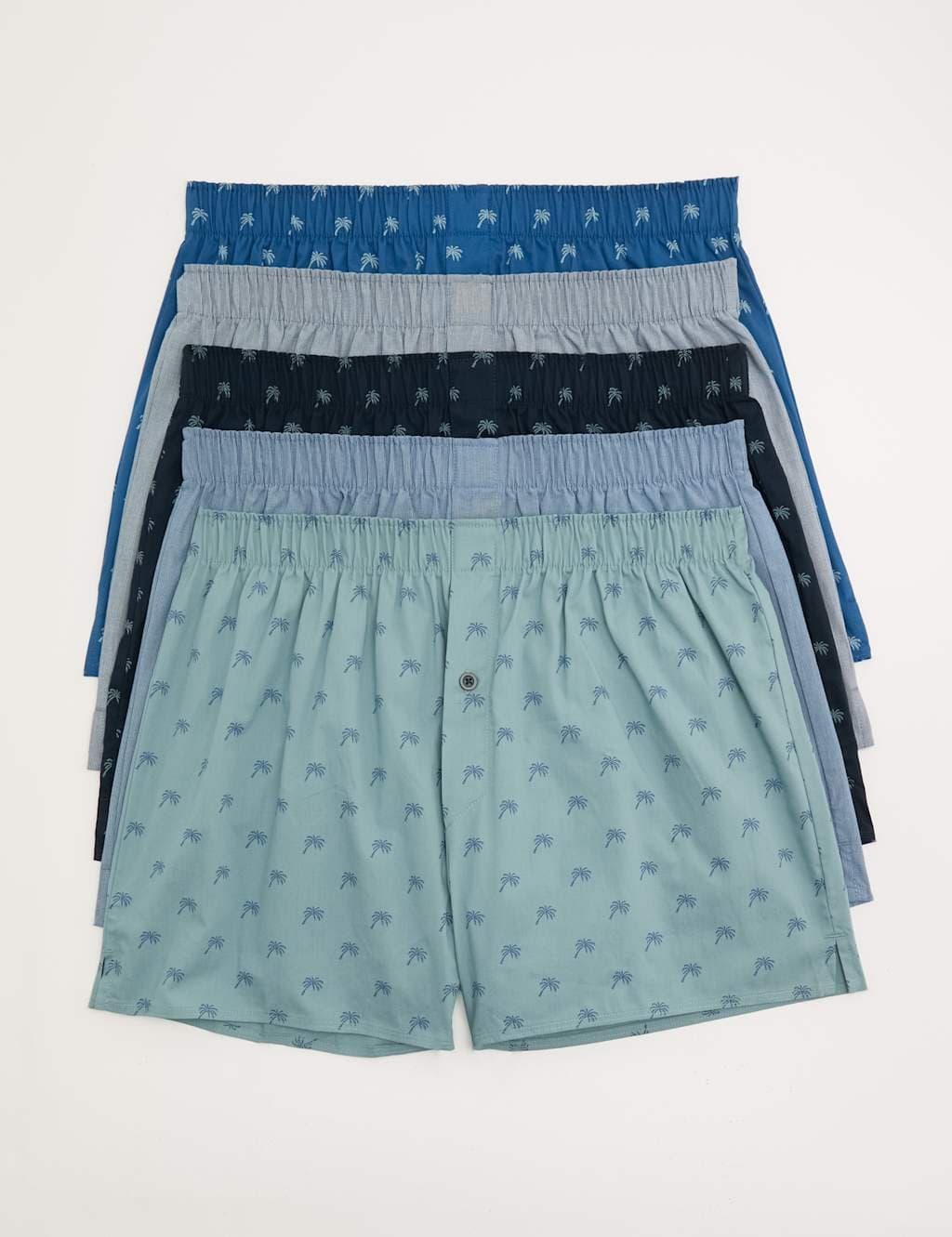 Marks & Spencer M&S 5 Pack Pure Cotton Palm Print Woven Boxers Blue Mix