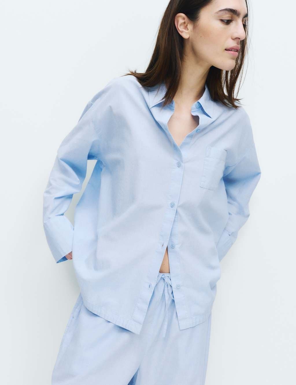 Marks & Spencer M&S Pure Cotton Chambray Lounge Shirt Blue - 5