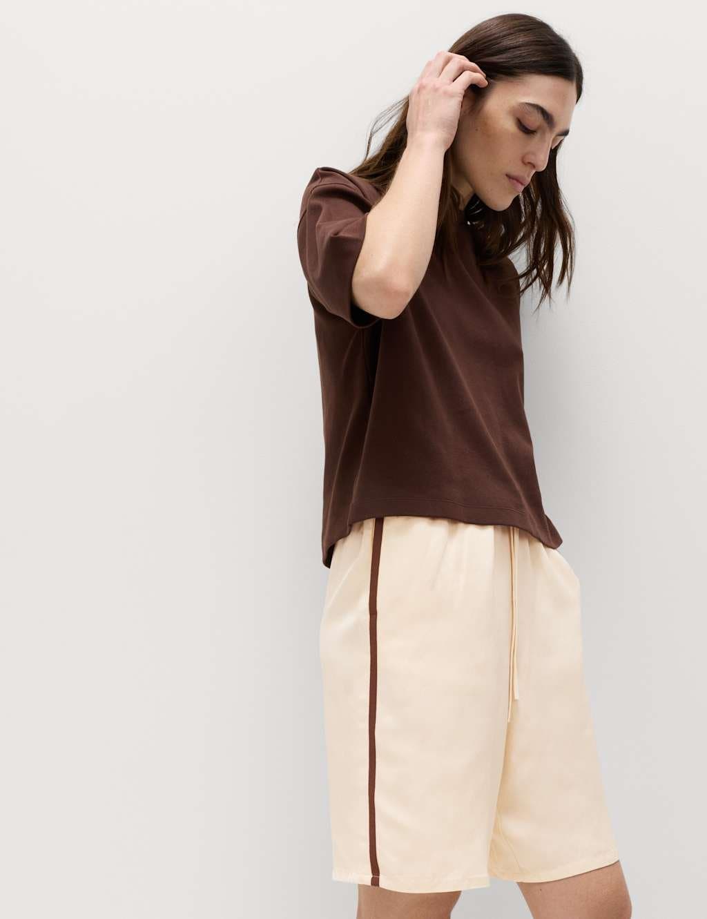 Marks & Spencer M&S Side Stripe Longline Shorts with Linen Ecru - 2