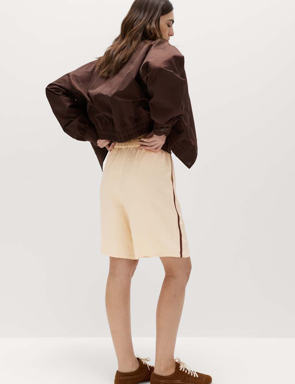 Marks & Spencer M&S Side Stripe Longline Shorts with Linen Ecru - 3