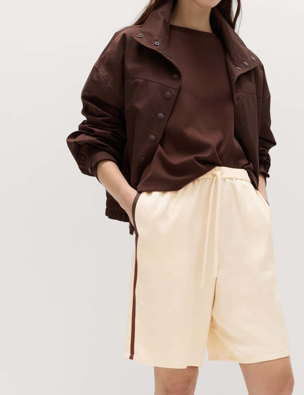 Marks & Spencer M&S Side Stripe Longline Shorts with Linen Ecru - 4