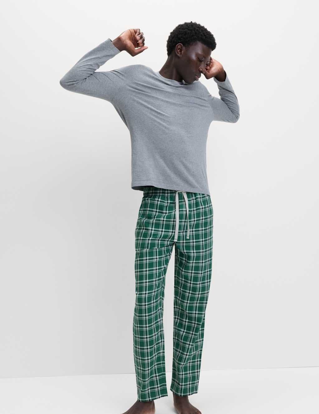 Marks & Spencer M&S Pure Cotton Checked Loungewear Bottoms Green Mix - 2