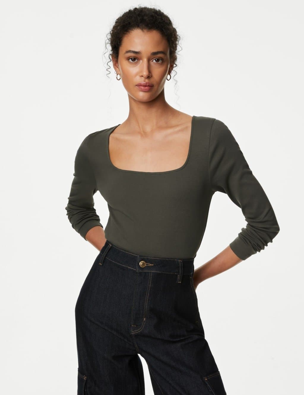 Marks & Spencer M&S Pure Cotton Slim Fit Top Dark Olive - 3