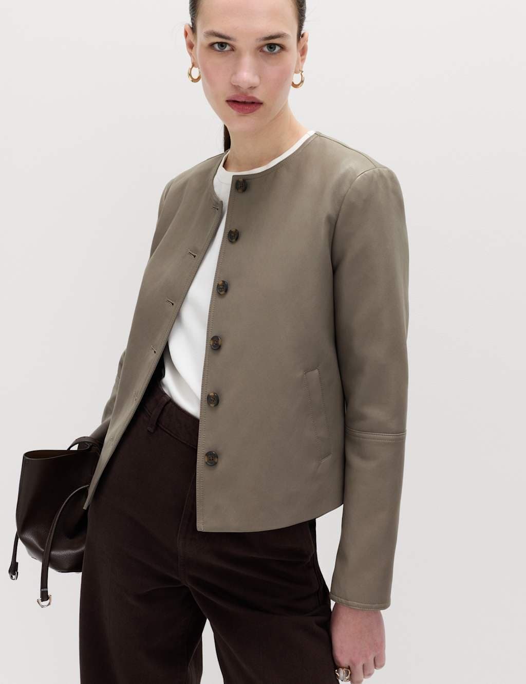 Marks & Spencer M&S Faux Leather Collarless Jacket Mocha