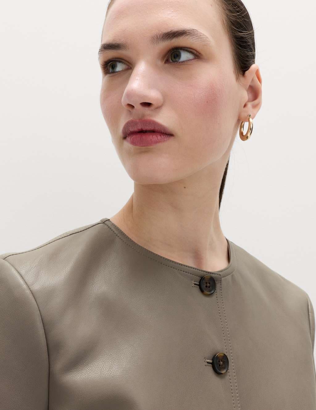 Marks & Spencer M&S Faux Leather Collarless Jacket Mocha - 2