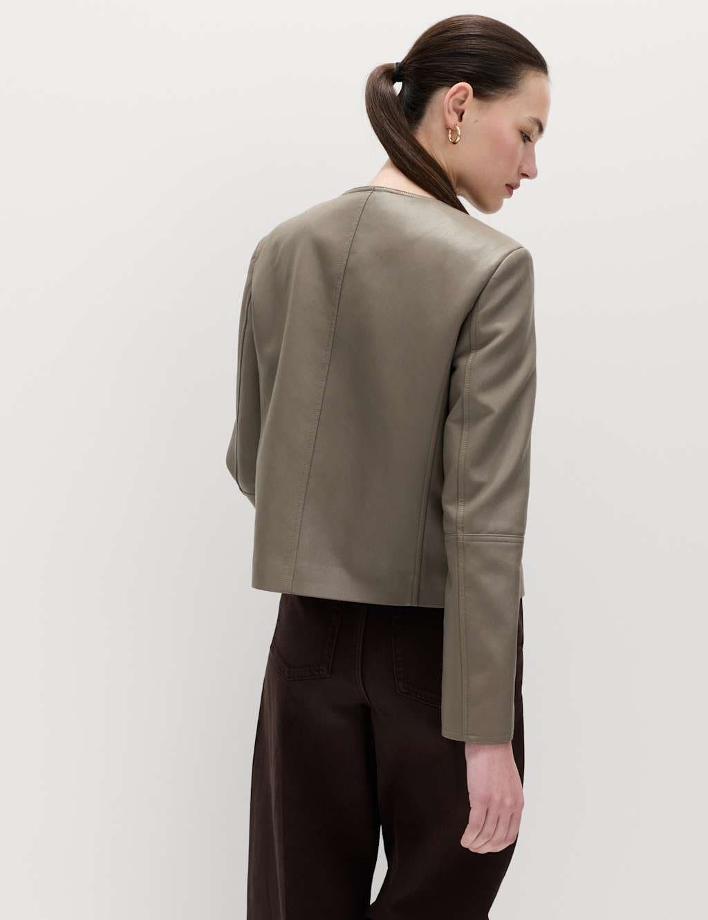 Marks & Spencer M&S Faux Leather Collarless Jacket Mocha - 3