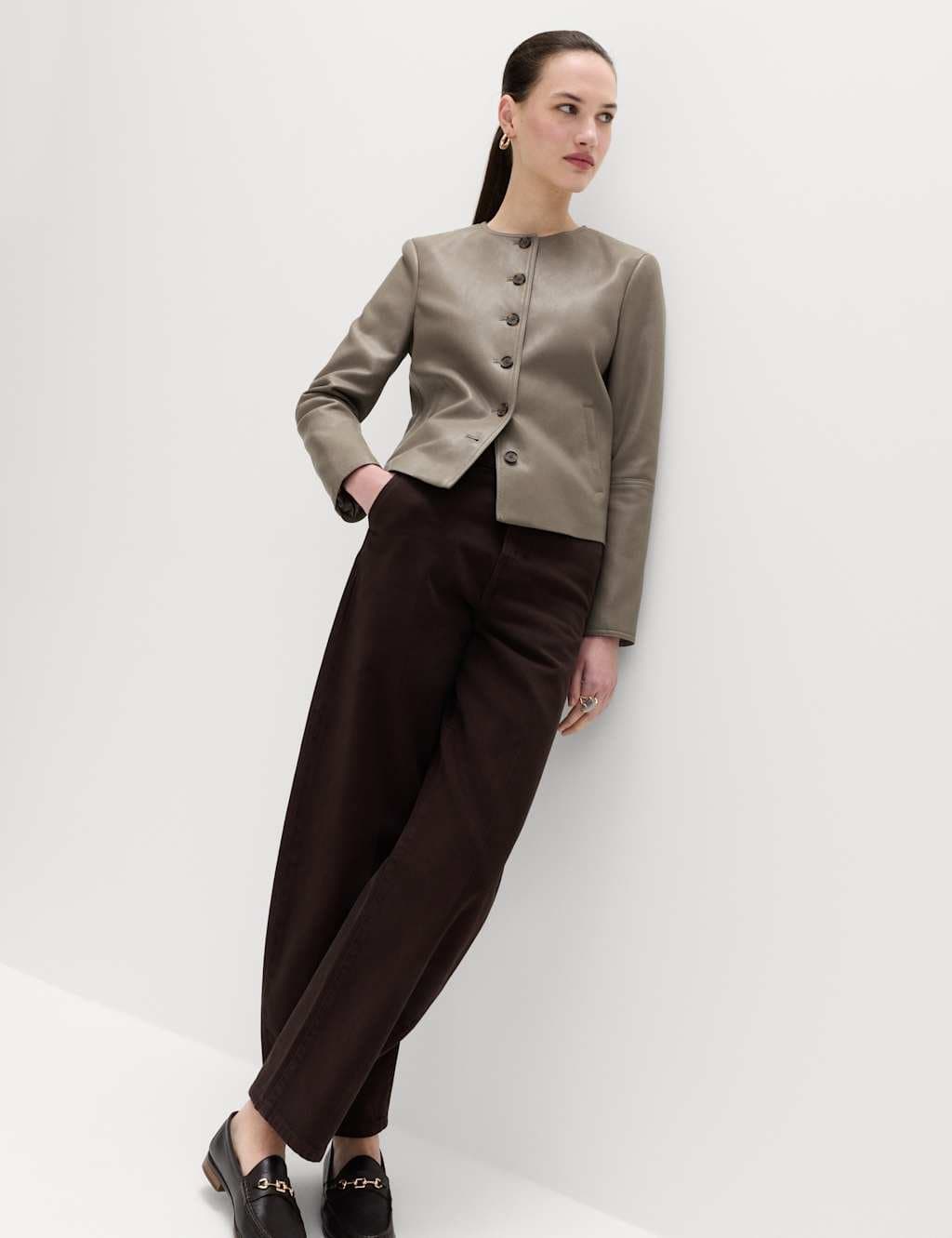 Marks & Spencer M&S Faux Leather Collarless Jacket Mocha - 4