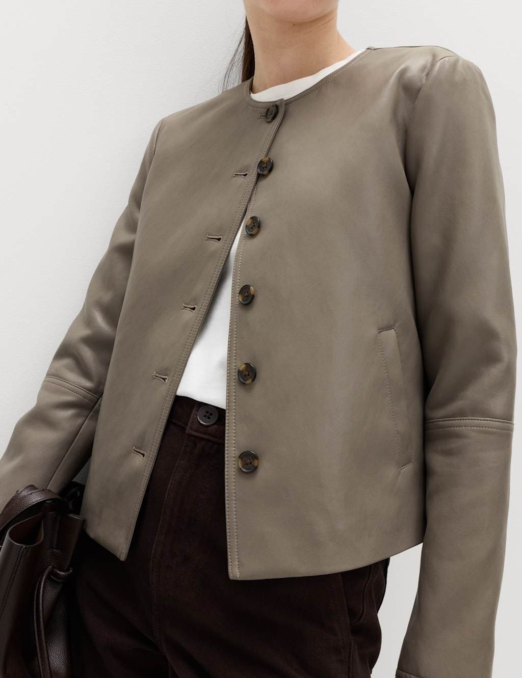 Marks & Spencer M&S Faux Leather Collarless Jacket Mocha - 5