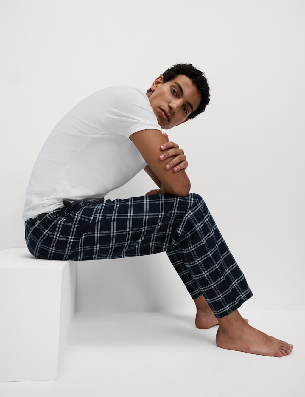Marks & Spencer M&S Pure Cotton Checked Pyjama Bottoms Navy Mix
