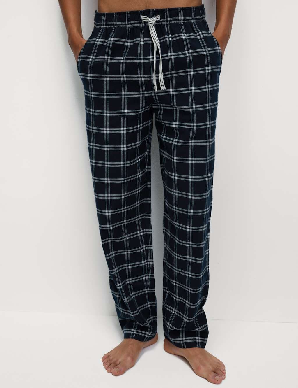 Marks & Spencer M&S Pure Cotton Checked Pyjama Bottoms Navy Mix - 4