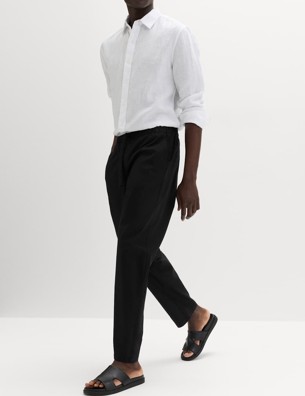 Marks & Spencer M&S Loose Fit Linen Blend Elasticated Waist Trousers Black - 3