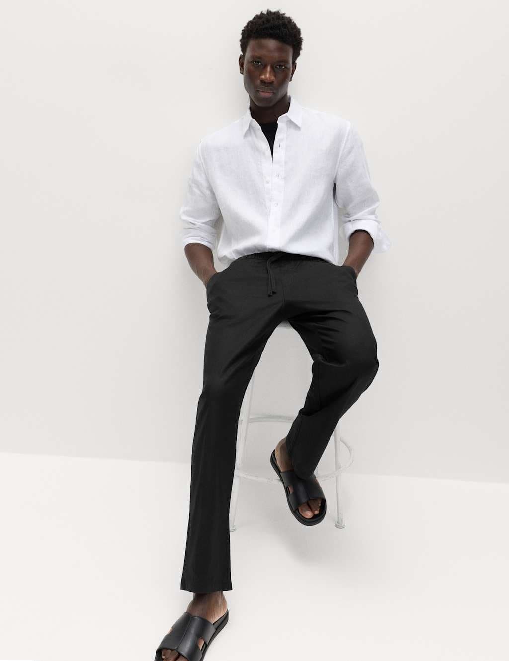 Marks & Spencer M&S Loose Fit Linen Blend Elasticated Waist Trousers Black - 5