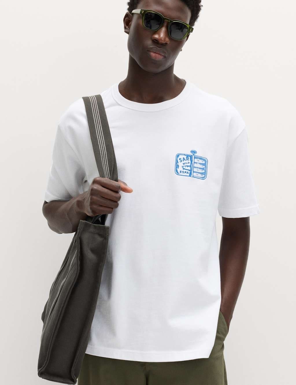 Marks & Spencer M&S Pure Cotton Sardinas Espanolas Graphic T-Shirt White