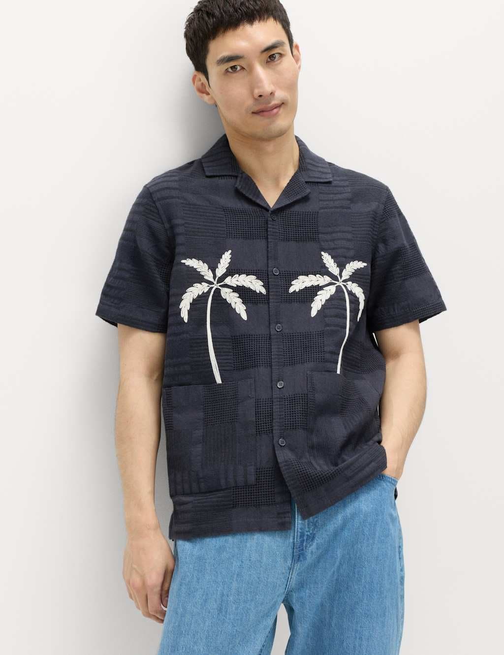 Marks & Spencer M&S Regular Fit Cotton Rich Textured Shirt Navy Mix