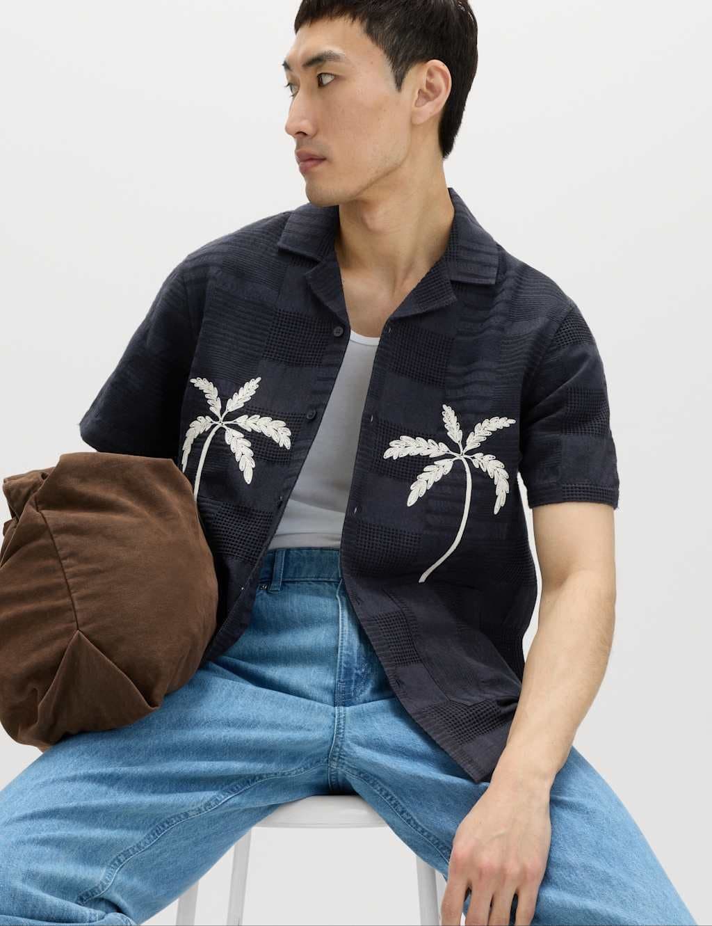 Marks & Spencer M&S Regular Fit Cotton Rich Textured Shirt Navy Mix - 5