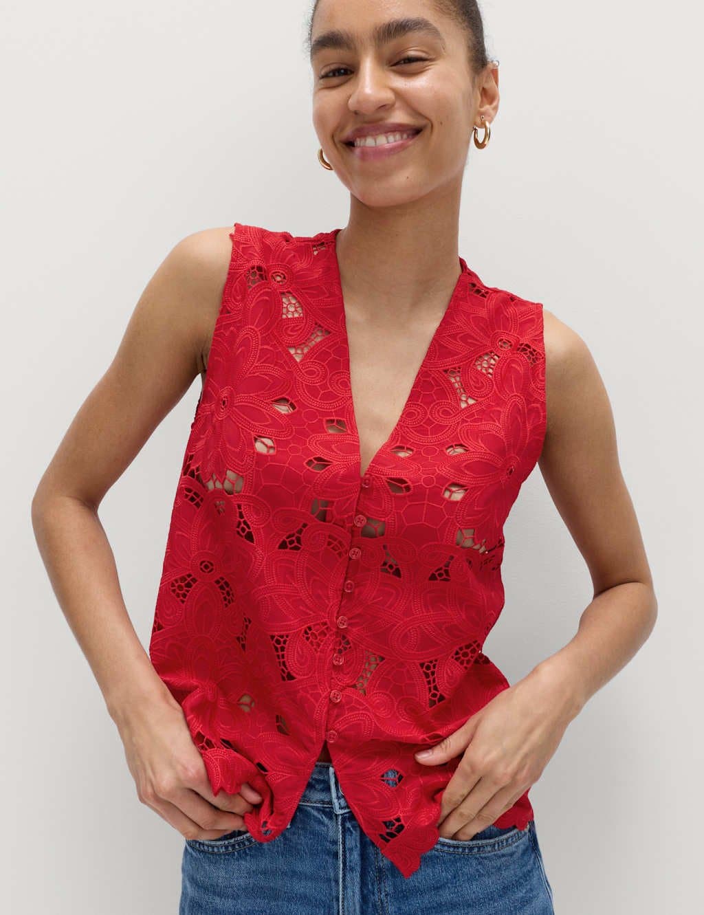 Marks & Spencer M&S Floral V-neck Cutwork Detail Waistcoat Rouge