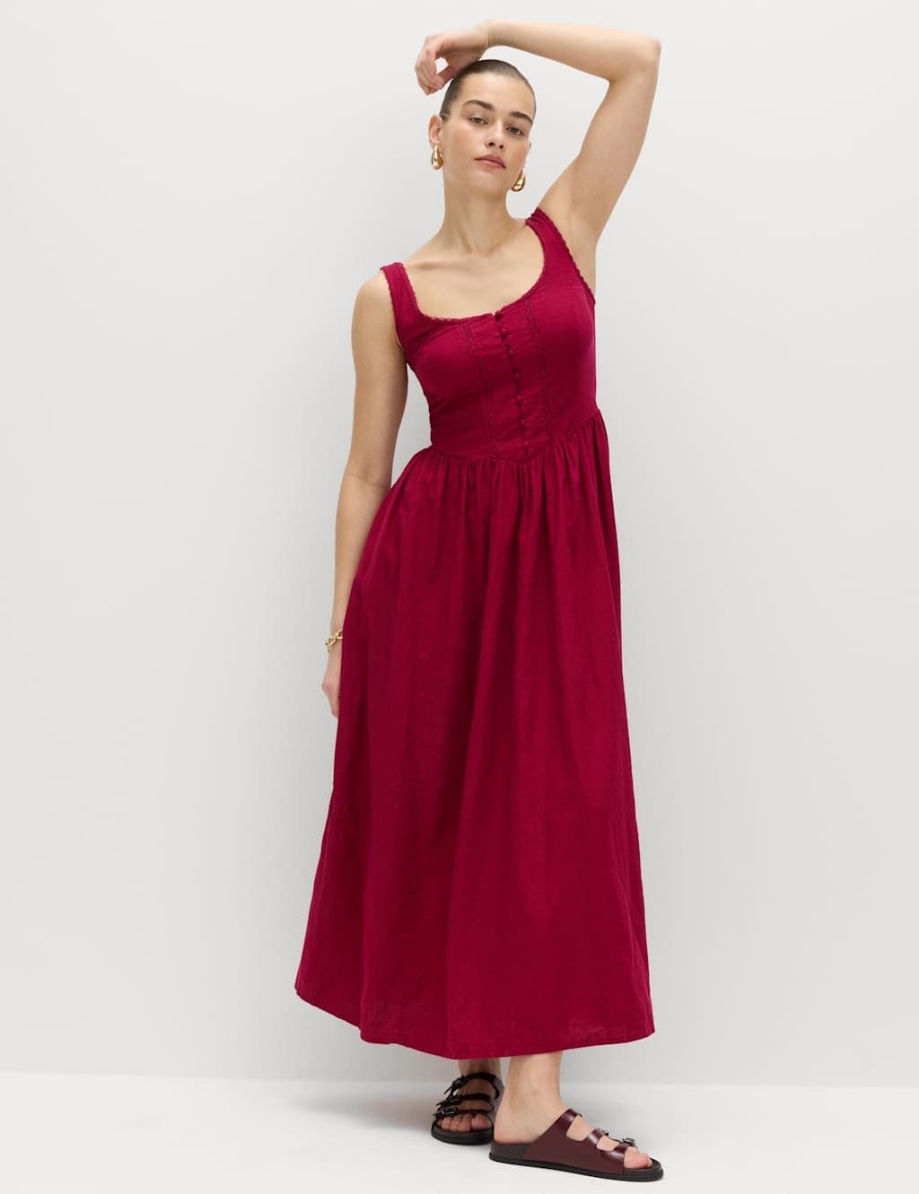 Marks & Spencer M&S Linen Rich Scoop Neck Lace Insert Midi Waisted Dress Raspberry