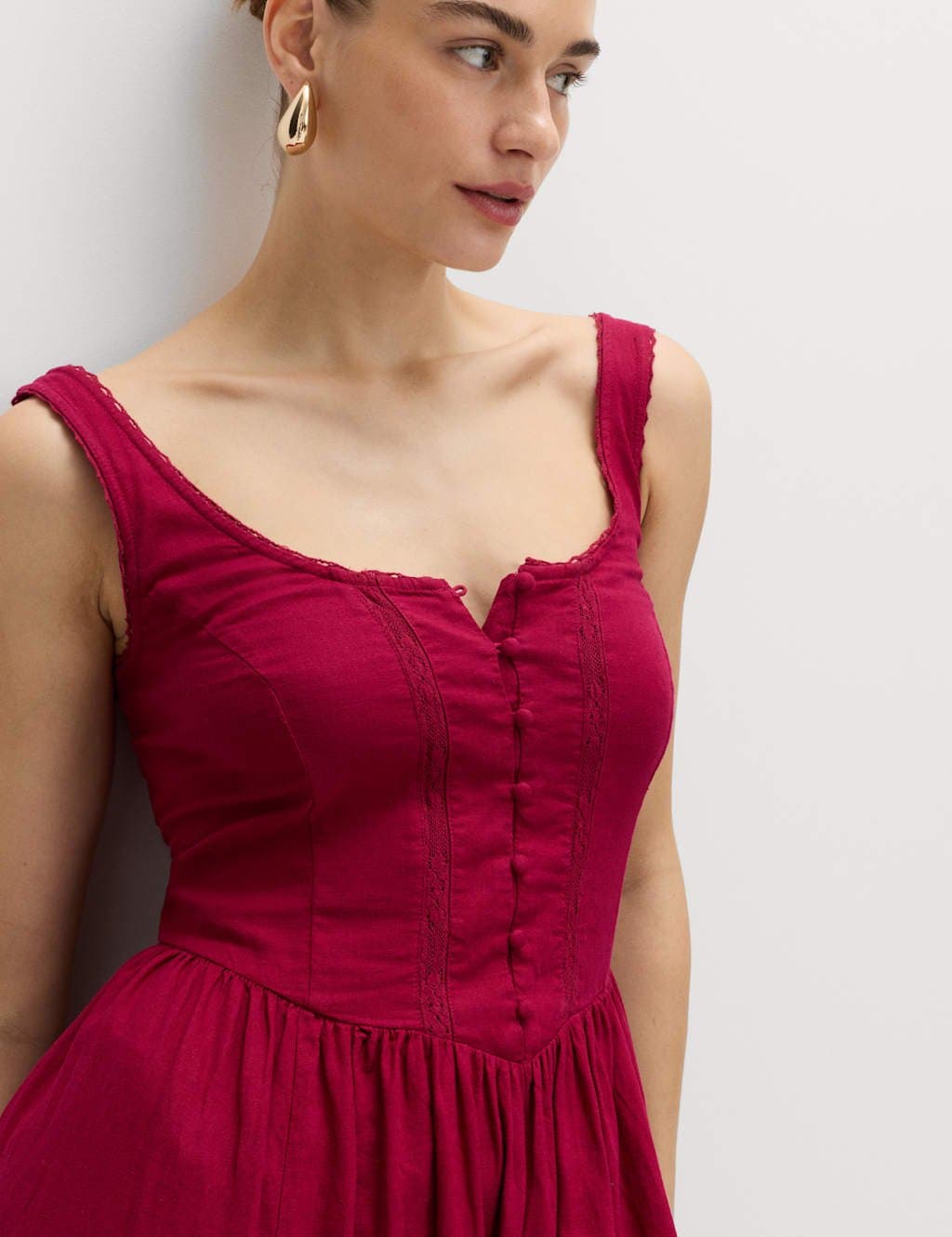 Marks & Spencer M&S Linen Rich Scoop Neck Lace Insert Midi Waisted Dress Raspberry - 2