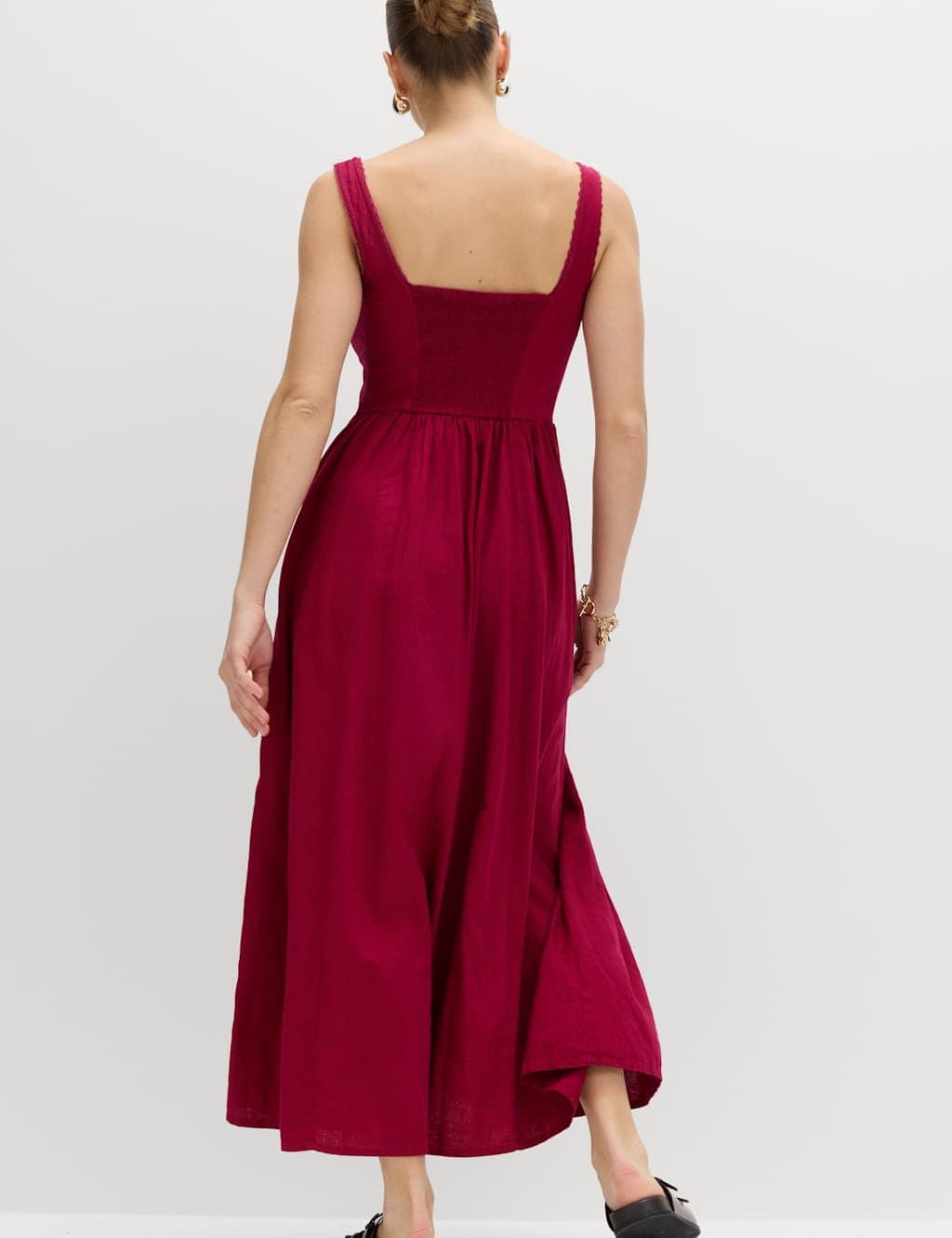 Marks & Spencer M&S Linen Rich Scoop Neck Lace Insert Midi Waisted Dress Raspberry - 3