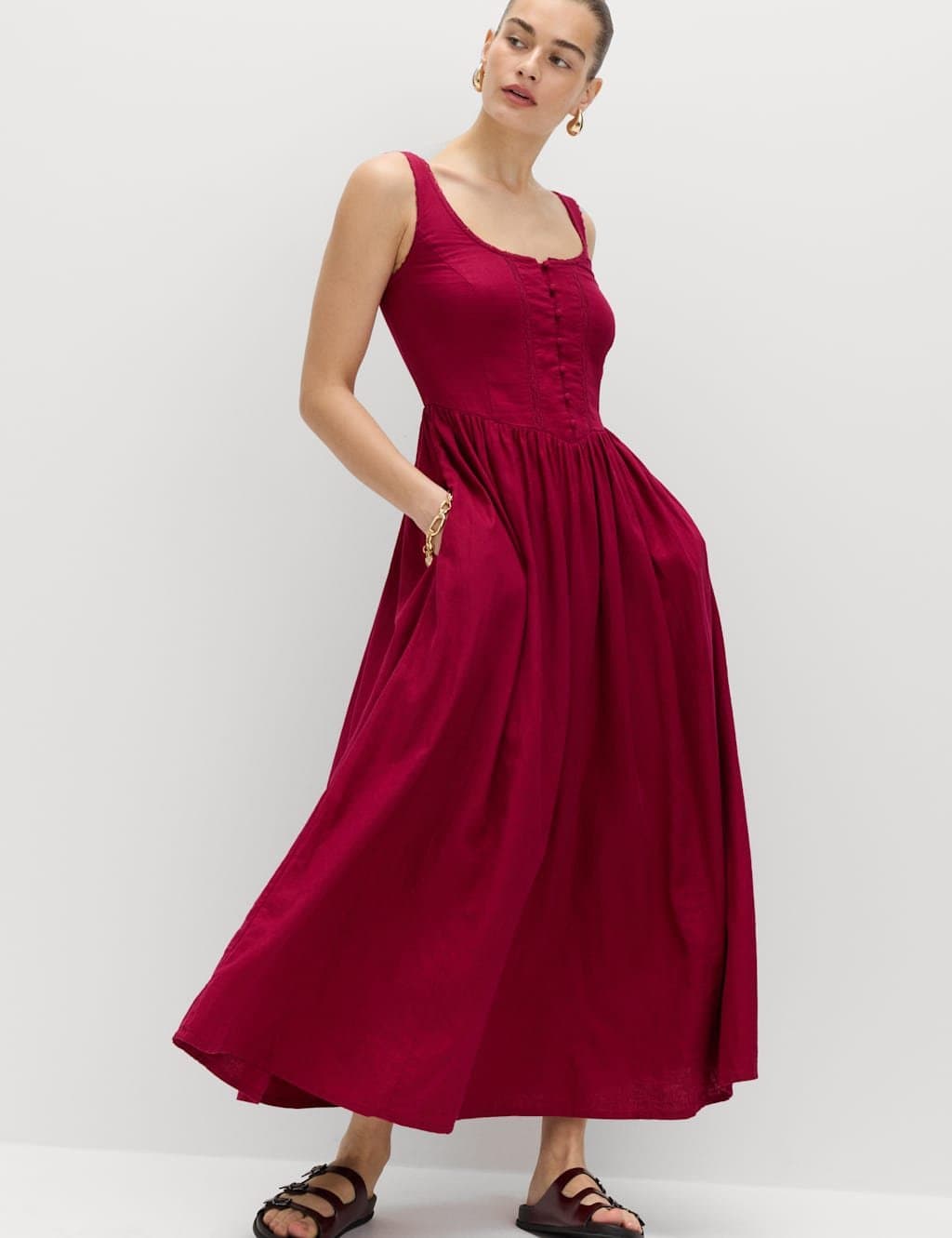 Marks & Spencer M&S Linen Rich Scoop Neck Lace Insert Midi Waisted Dress Raspberry - 5