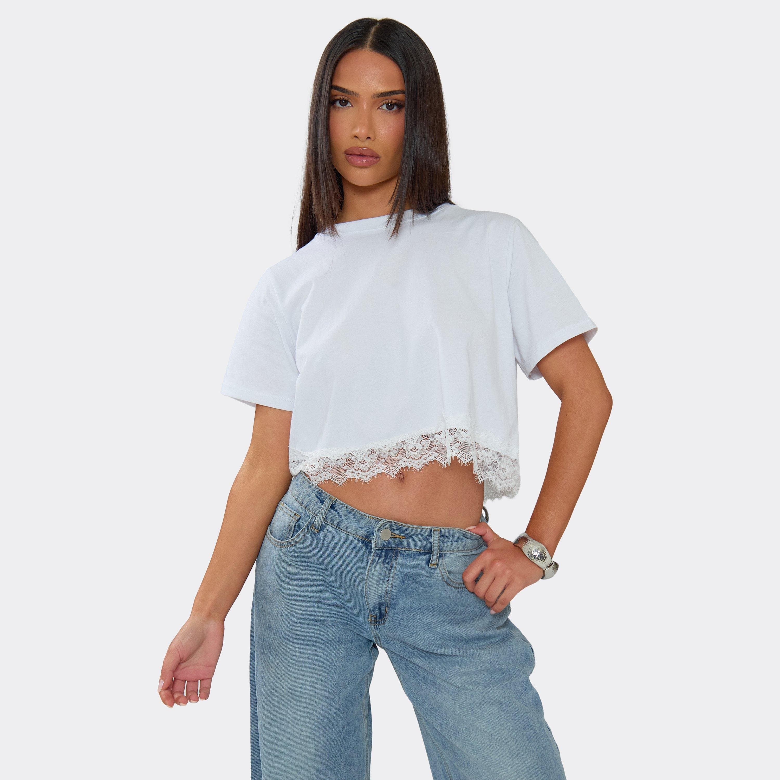 EGO Short Sleeve Lace Trim Cropped T-Shirt In White, Women's Size UK 6