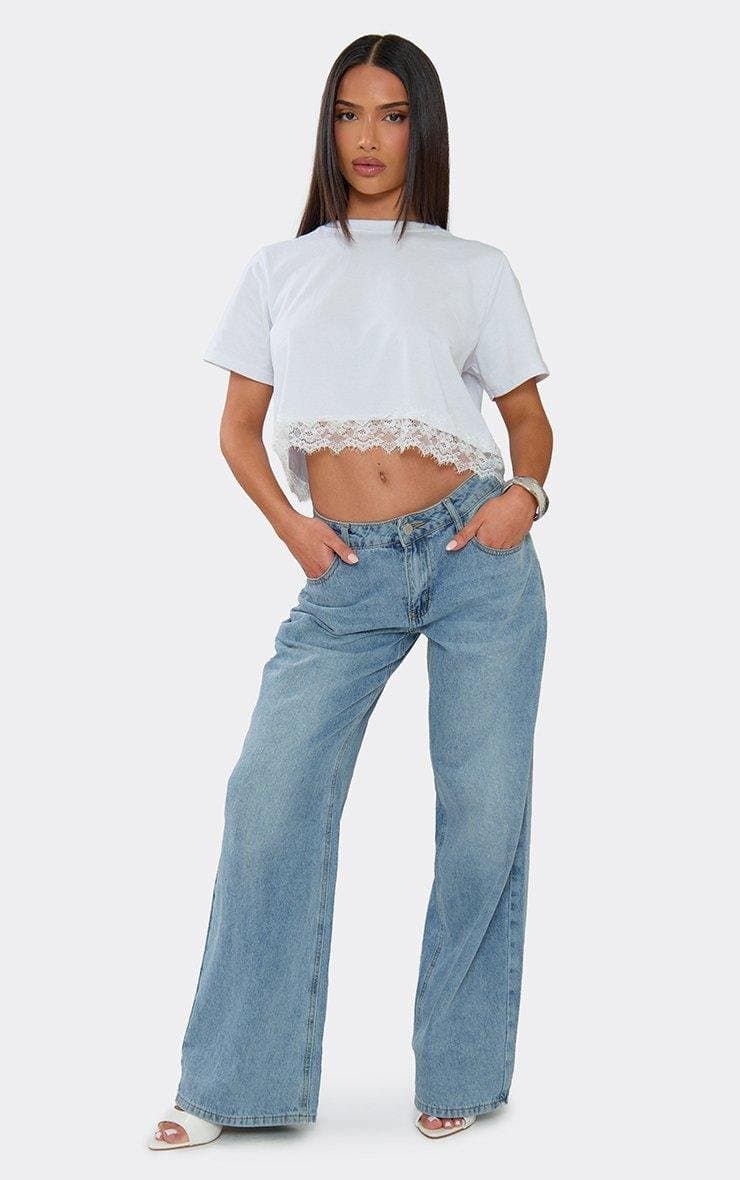 EGO Short Sleeve Lace Trim Cropped T-Shirt In White, Women's Size UK 6 - 2