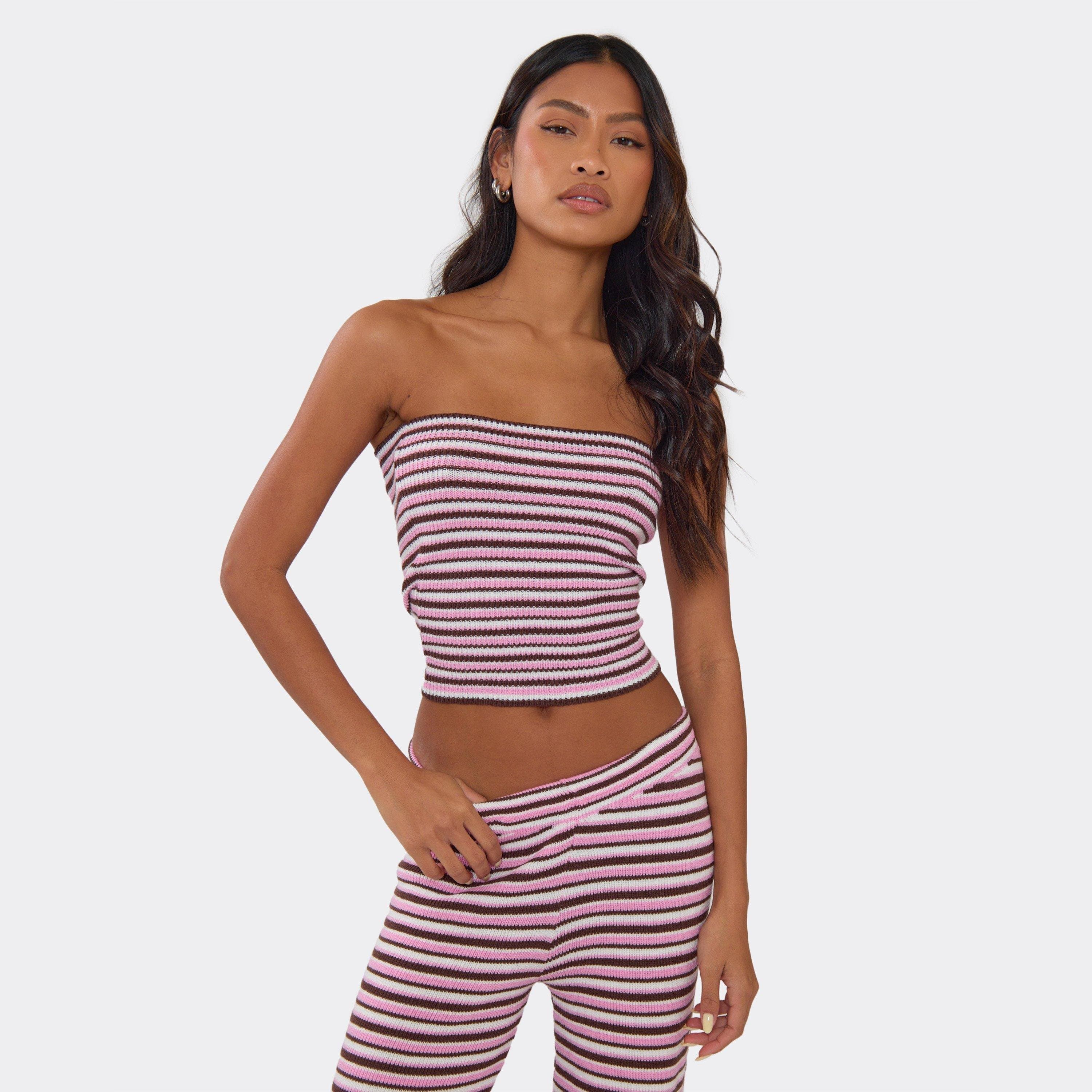 EGO Bandeau Top In Pink Multi Stripe Knit, Women's Size UK L