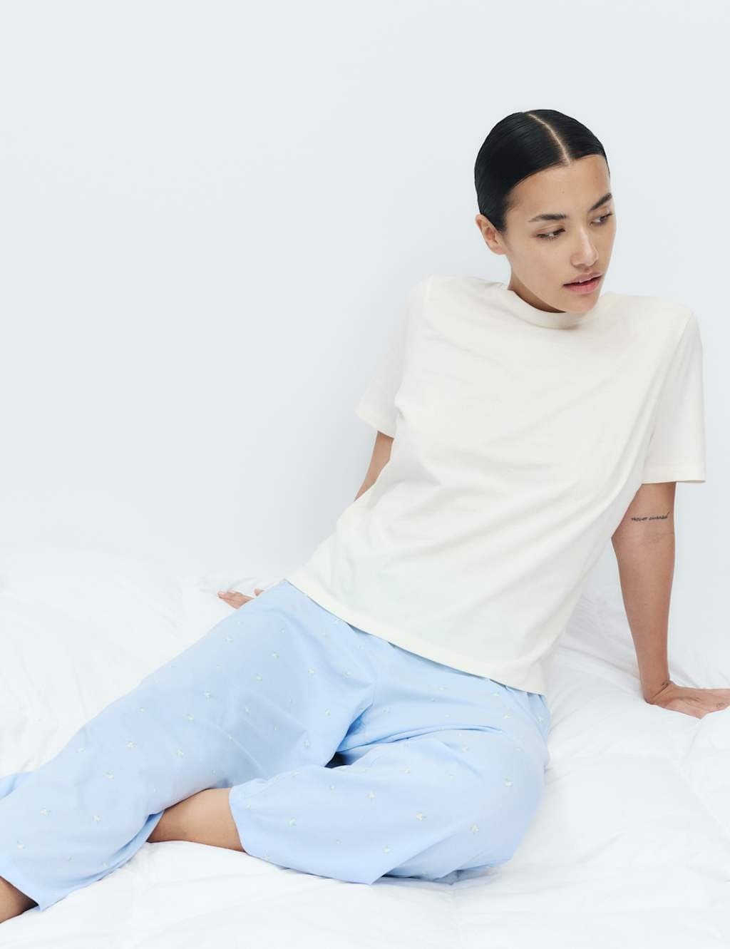 Marks & Spencer M&S Pure Cotton Printed Cropped Pyjama Set Blue Mix