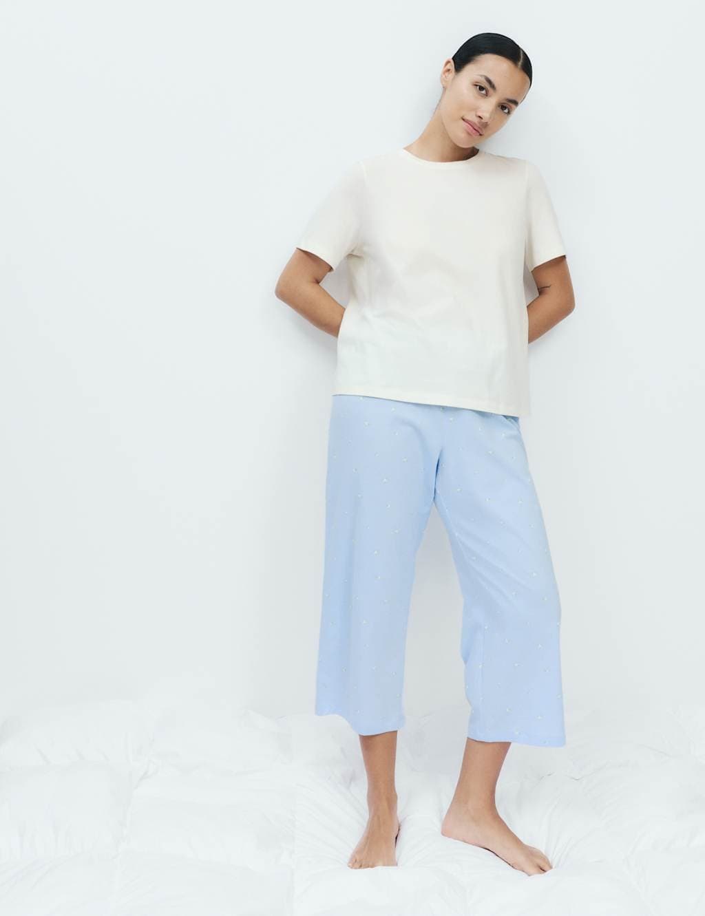 Marks & Spencer M&S Pure Cotton Printed Cropped Pyjama Set Blue Mix - 2