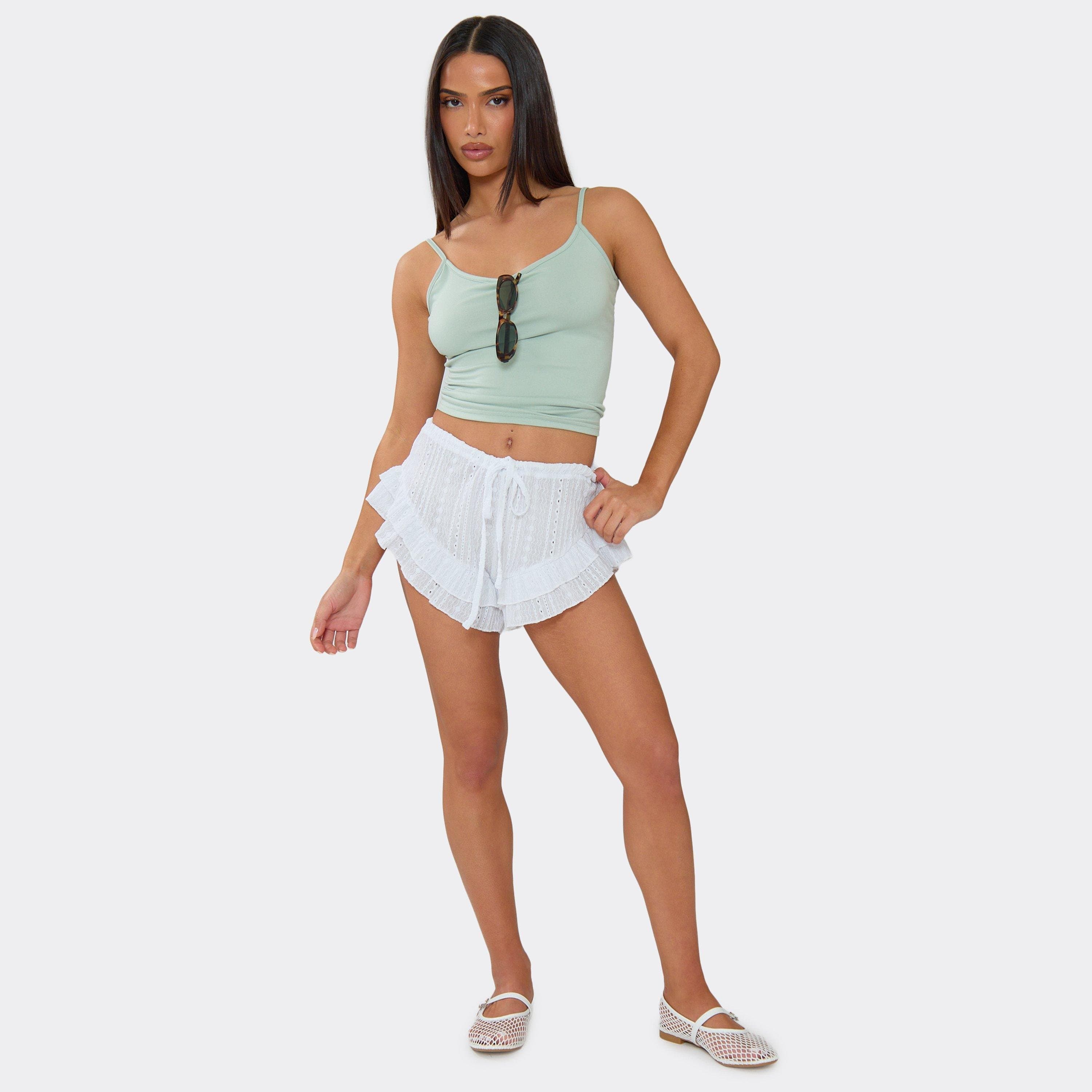 EGO Drawstring Waist Frilled Hem Mini Shorts In White Texture, Women's Size UK 6