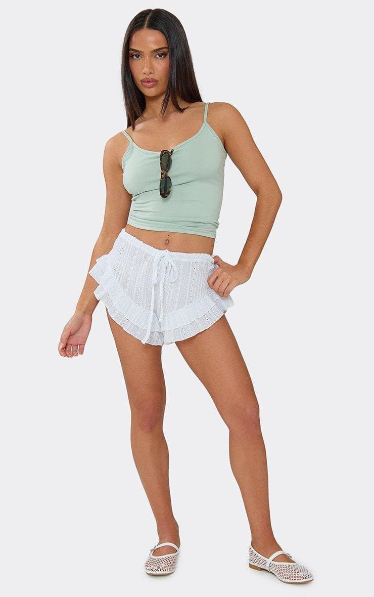 EGO Drawstring Waist Frilled Hem Mini Shorts In White Texture, Women's Size UK 6 - 2