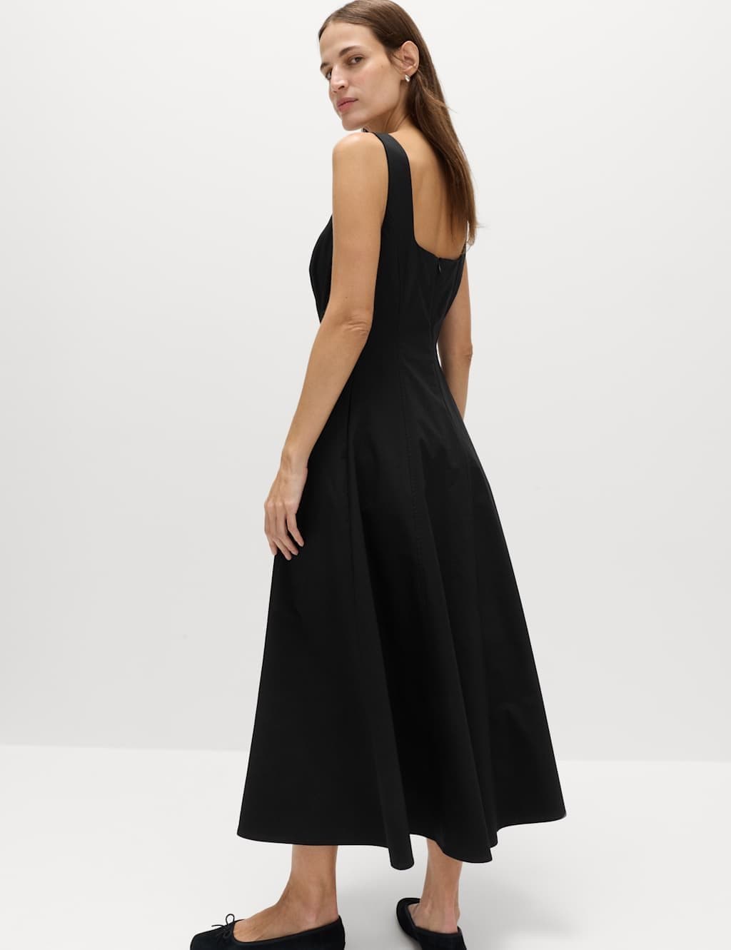 Marks & Spencer M&S Cotton Rich Panel Midi Waisted Skater Dress Black - 3