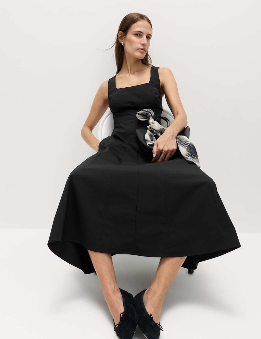 Marks & Spencer M&S Cotton Rich Panel Midi Waisted Skater Dress Black - 4