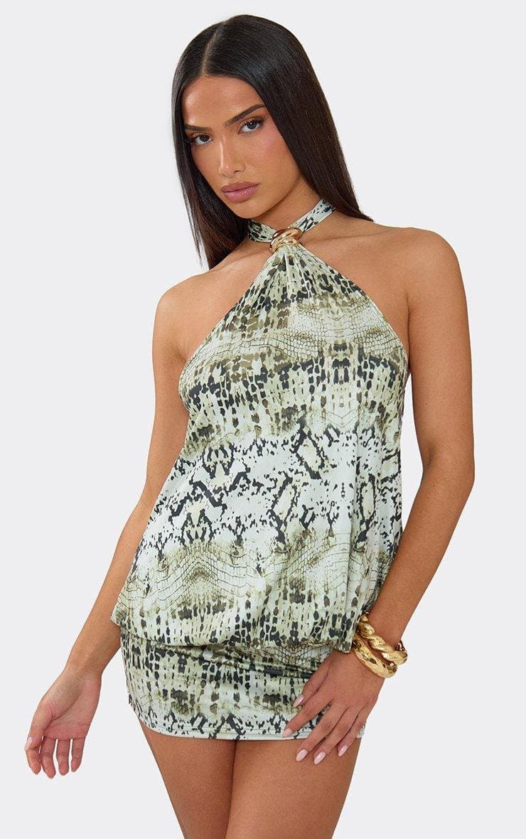 EGO Halterneck Trim Detail Blouson Mini Dress In Green Snake Print, Women's Size UK 6 - 2