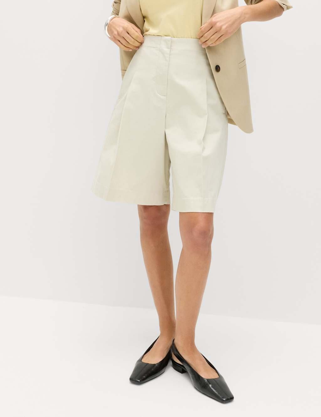 Marks & Spencer M&S Cotton Rich High Waisted Pleat Front Bermuda Shorts Ecru