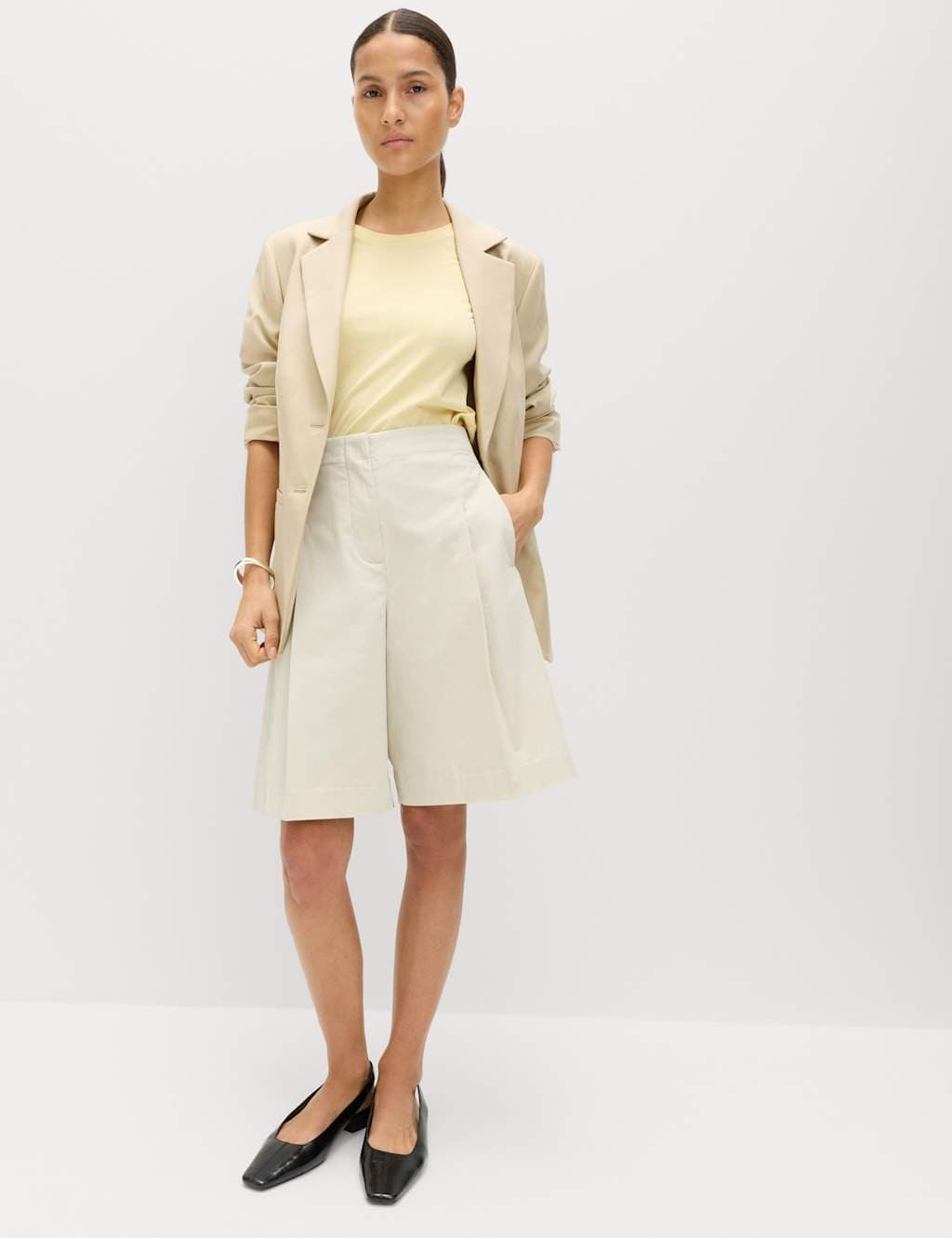 Marks & Spencer M&S Cotton Rich High Waisted Pleat Front Bermuda Shorts Ecru - 2